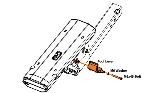 Slide foot lever into position on centerbeam assembly,installing M6 Washer and M6x45 bolt using the provided 5mm hex key